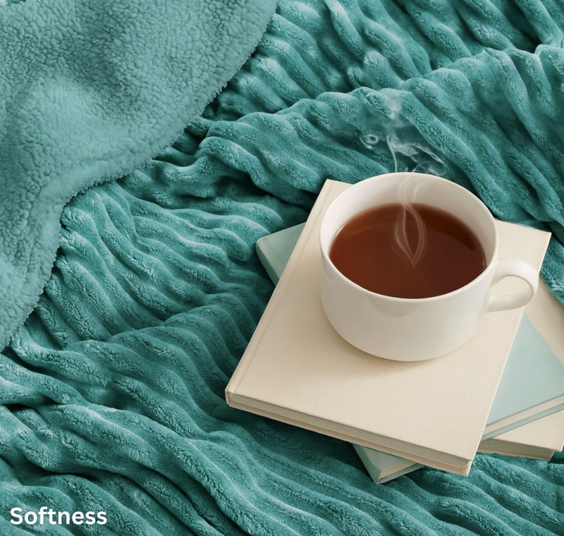 VAS COLLECTIONS Reversible Sherpa Fleece Throw Blanket Plush Flannel Throw, Ultra Soft Warm Ribbed Microfiber all season/ac blanket for Sofa Couch Bed, Luxury Thick Striped Blanket, Green, 220x150 CM, - Image 3