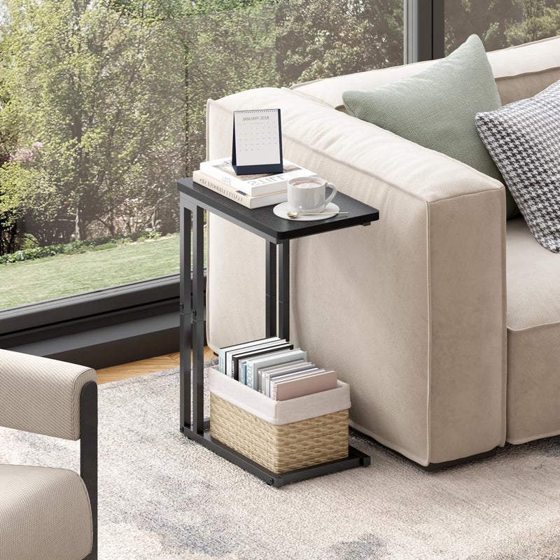 Yusong C Shaped End Table - Slide Under Sofa Couch Bed, Small Table for Small Spaces, Skinny Overbed, Coffee Drink Snack Table for Living Room, Black Oak - Image 3