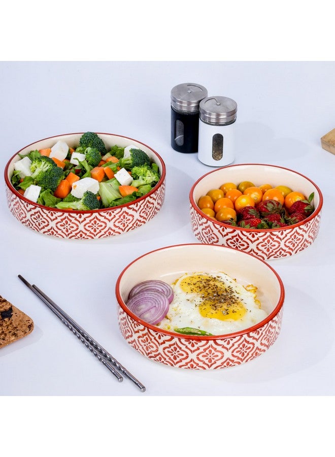 SEPARATE WAY Ceramic Flat Deep Serving Bowl Set of 3, Mix Size - 800ml, 600ml, and 500ml | Glossy Finish | Salad, Snack, Pasta Plates | Flat Bowl | Serving Plate | Mix Bowl Plates (Moroccan Red) - Image 2
