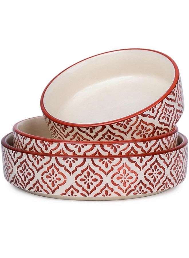SEPARATE WAY Ceramic Flat Deep Serving Bowl Set of 3, Mix Size - 800ml, 600ml, and 500ml | Glossy Finish | Salad, Snack, Pasta Plates | Flat Bowl | Serving Plate | Mix Bowl Plates (Moroccan Red) - Image 1