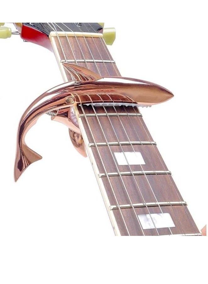 Shark Capo for Acoustic and Electric Guitar – Made of durable zinc alloy, this capo is designed for 6-string guitars, offering a comfortable grip, no fret buzz, and a stunning rose gold finish.