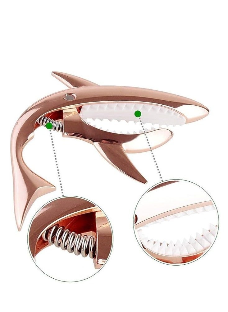 Shark Capo for Acoustic and Electric Guitar – Made of durable zinc alloy, this capo is designed for 6-string guitars, offering a comfortable grip, no fret buzz, and a stunning rose gold finish.