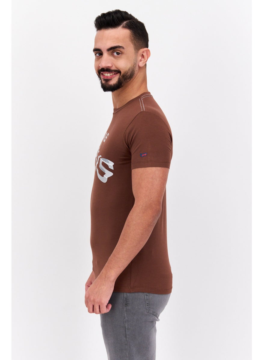 GAS - Men Slim Fit Crew Neck Short Sleeves Brand Logo T-Shirt, Brown - Image 1