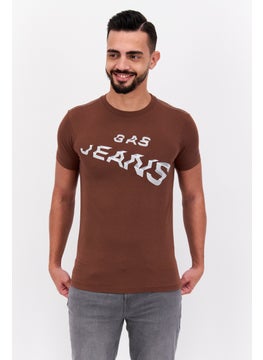 Men Slim Fit Crew Neck Short Sleeves Brand Logo T-Shirt, Brown