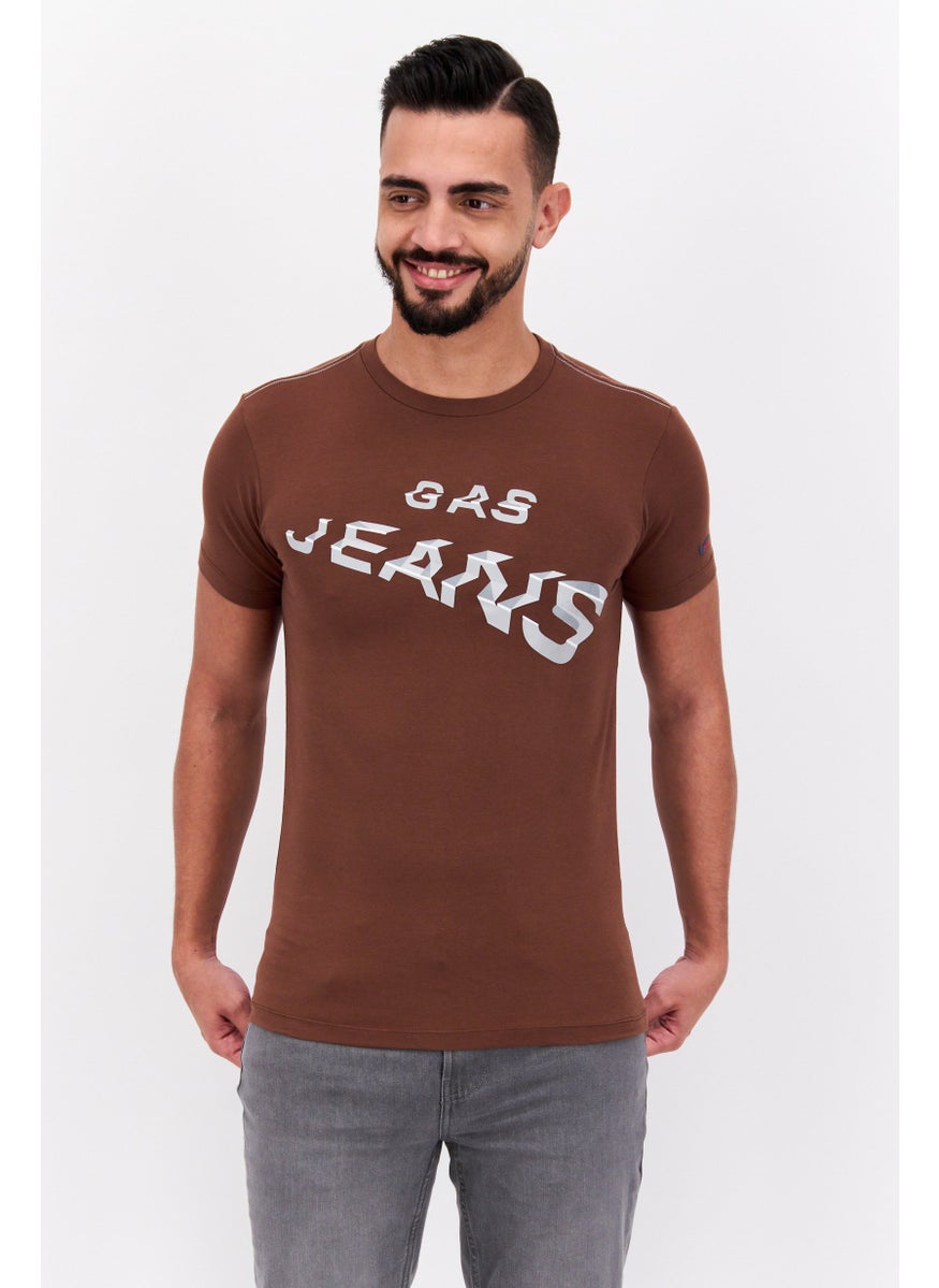GAS - Men Slim Fit Crew Neck Short Sleeves Brand Logo T-Shirt, Brown - Image 1