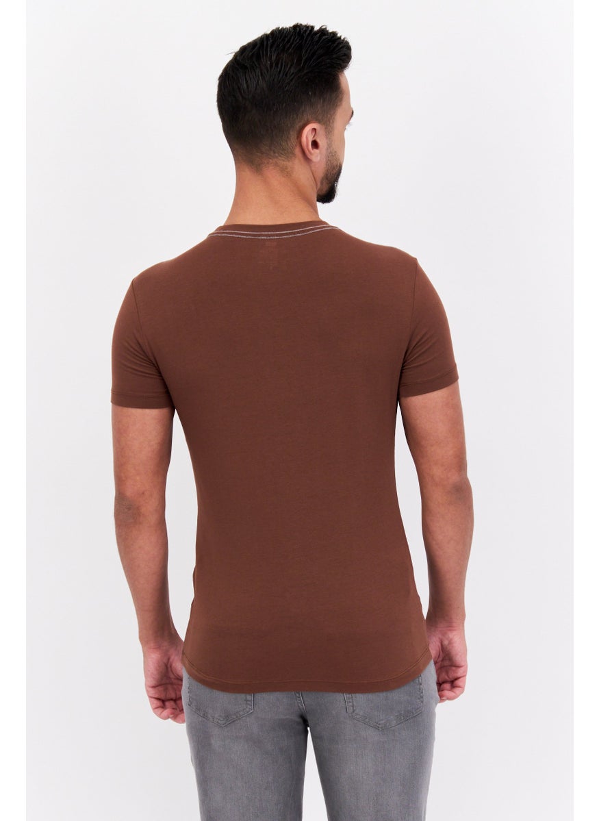 GAS - Men Slim Fit Crew Neck Short Sleeves Brand Logo T-Shirt, Brown - Image 1