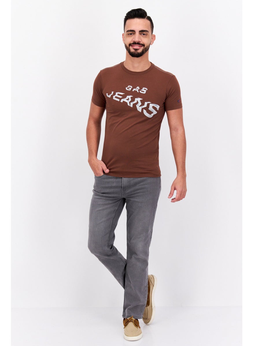 GAS - Men Slim Fit Crew Neck Short Sleeves Brand Logo T-Shirt, Brown - Image 1