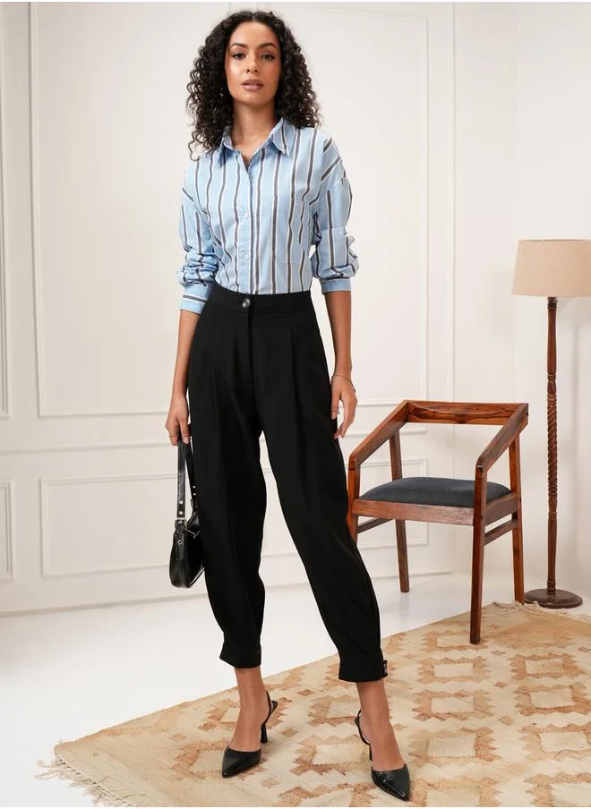 طوكيو توكيز Solid Mid Rise Pleated Tailored Crop Trousers