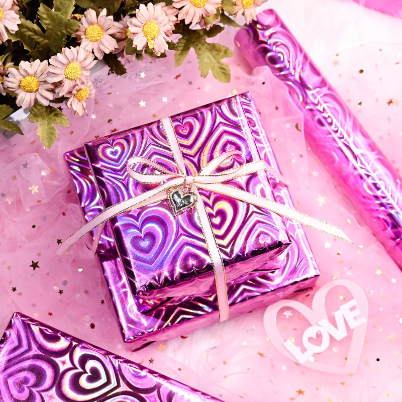 Yarcony Pink Wrapping Paper, Mini Roll, Holographic Hearts Wrapping Paper, Valentine's Day Present Paper for Lover Anniversary, Wedding, Mother's Day, Birthday, Romantic Occasions (17 Inch X 33 Feet) - Image 2