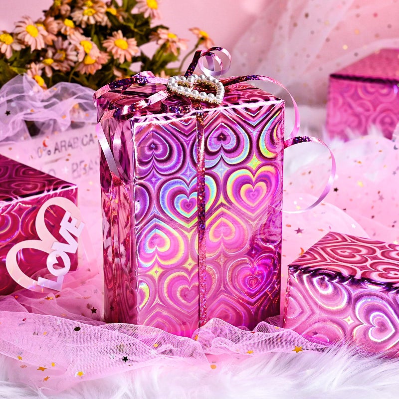 Yarcony Pink Wrapping Paper, Mini Roll, Holographic Hearts Wrapping Paper, Valentine's Day Present Paper for Lover Anniversary, Wedding, Mother's Day, Birthday, Romantic Occasions (17 Inch X 33 Feet) - Image 4