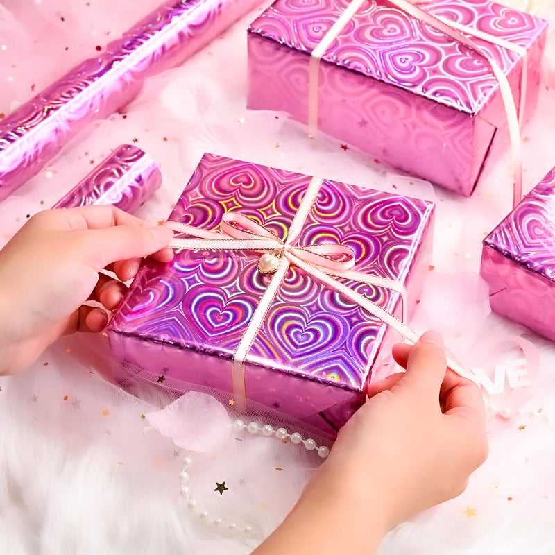 Yarcony Pink Wrapping Paper, Mini Roll, Holographic Hearts Wrapping Paper, Valentine's Day Present Paper for Lover Anniversary, Wedding, Mother's Day, Birthday, Romantic Occasions (17 Inch X 33 Feet) - Image 5