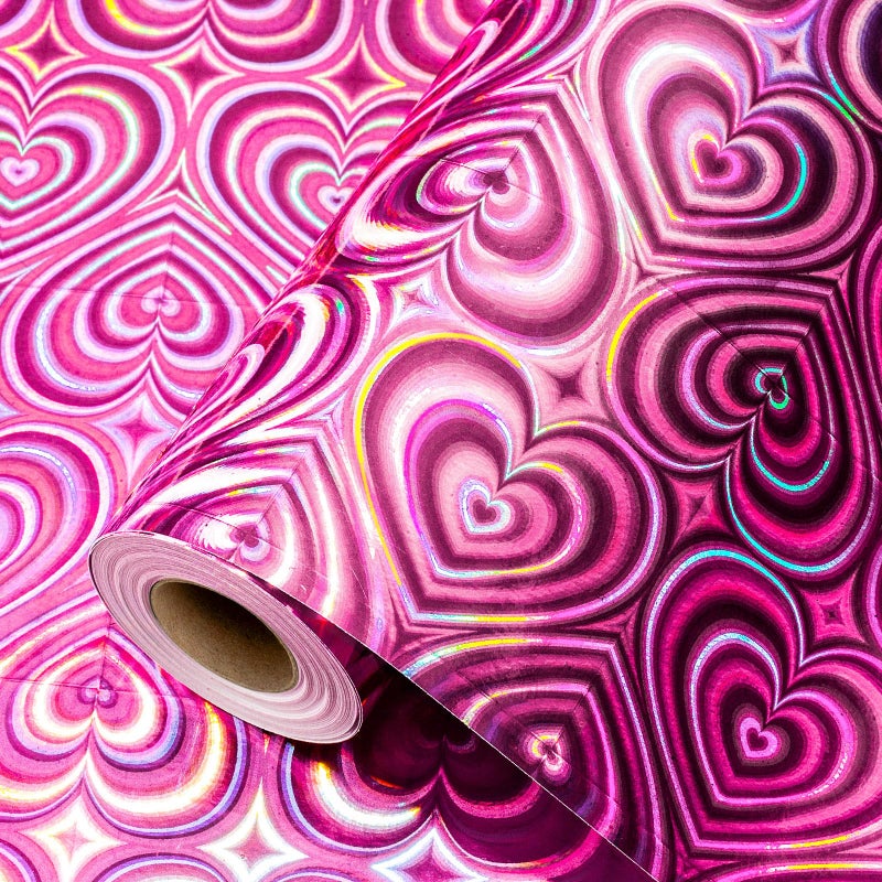 Yarcony Pink Wrapping Paper, Mini Roll, Holographic Hearts Wrapping Paper, Valentine's Day Present Paper for Lover Anniversary, Wedding, Mother's Day, Birthday, Romantic Occasions (17 Inch X 33 Feet) - Image 1