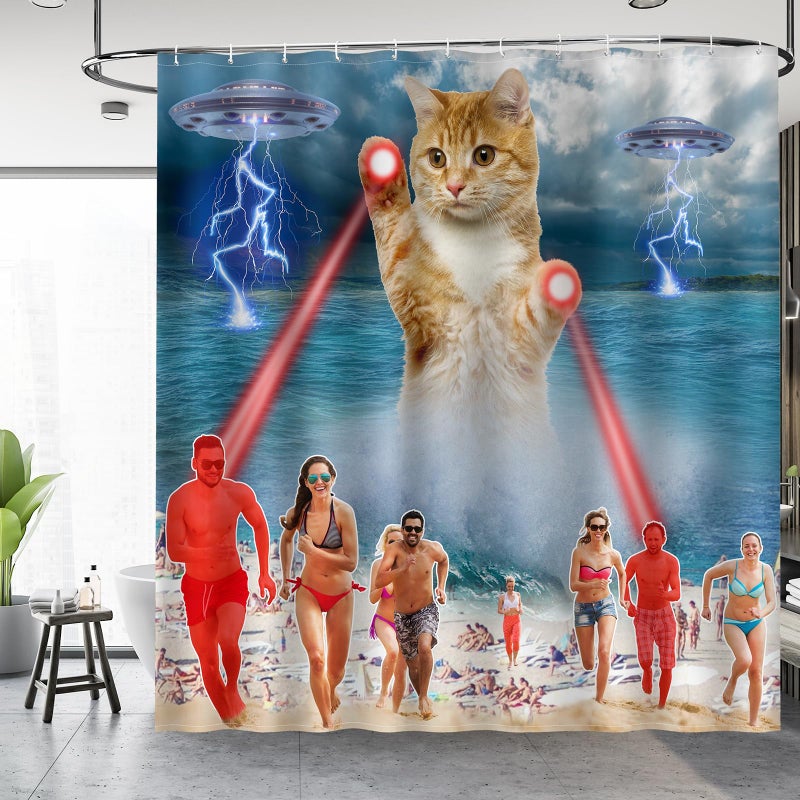 Aimego Funny Cat Shower Curtains for Bathroom - Cute Cool Ocean Cat with Weird Adults Beach UFO Fun Bath Shower Curtain Set with 12 Hooks for Adults Kids Bathroom Decor Accessories, 72"x72" - Image 2