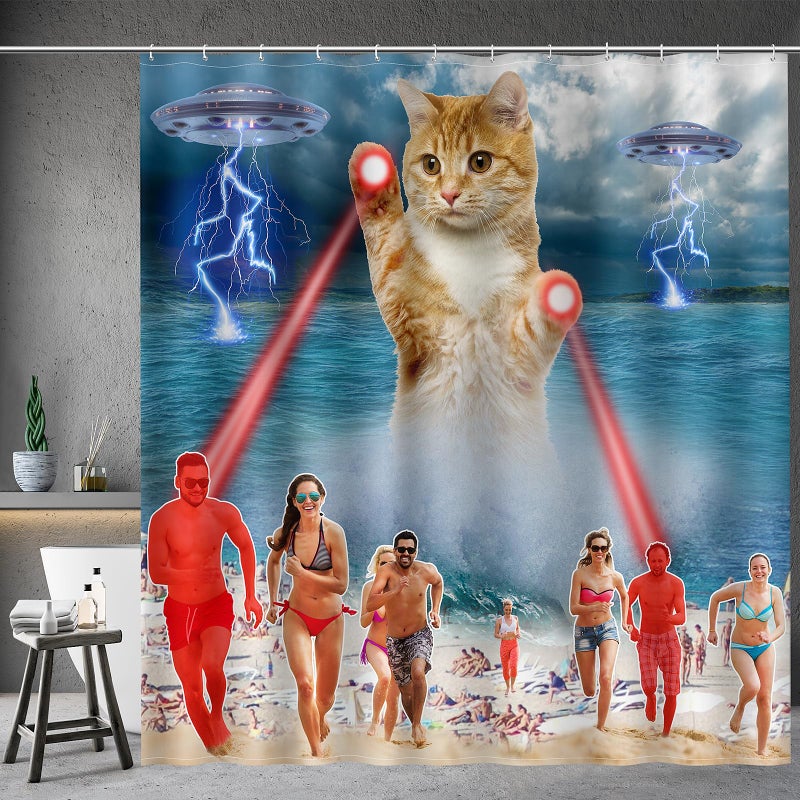 Aimego Funny Cat Shower Curtains for Bathroom - Cute Cool Ocean Cat with Weird Adults Beach UFO Fun Bath Shower Curtain Set with 12 Hooks for Adults Kids Bathroom Decor Accessories, 72"x72" - Image 1