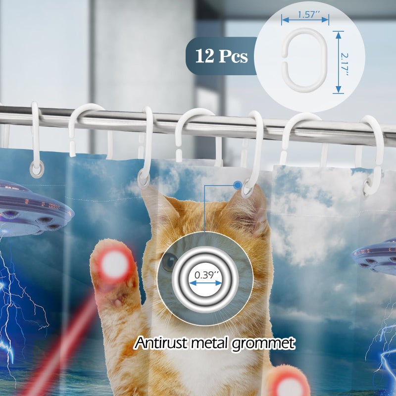 Aimego Funny Cat Shower Curtains for Bathroom - Cute Cool Ocean Cat with Weird Adults Beach UFO Fun Bath Shower Curtain Set with 12 Hooks for Adults Kids Bathroom Decor Accessories, 72"x72" - Image 3