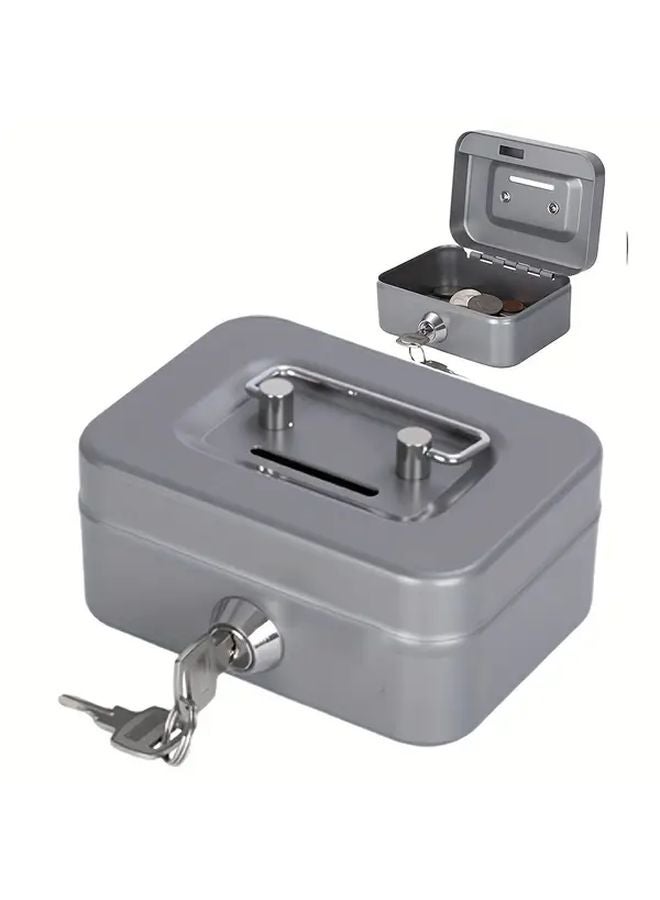 Silvery Small Compact Cash Box With Key Lock Heavy Duty Iron Mini Safe For Home Office - Image 2