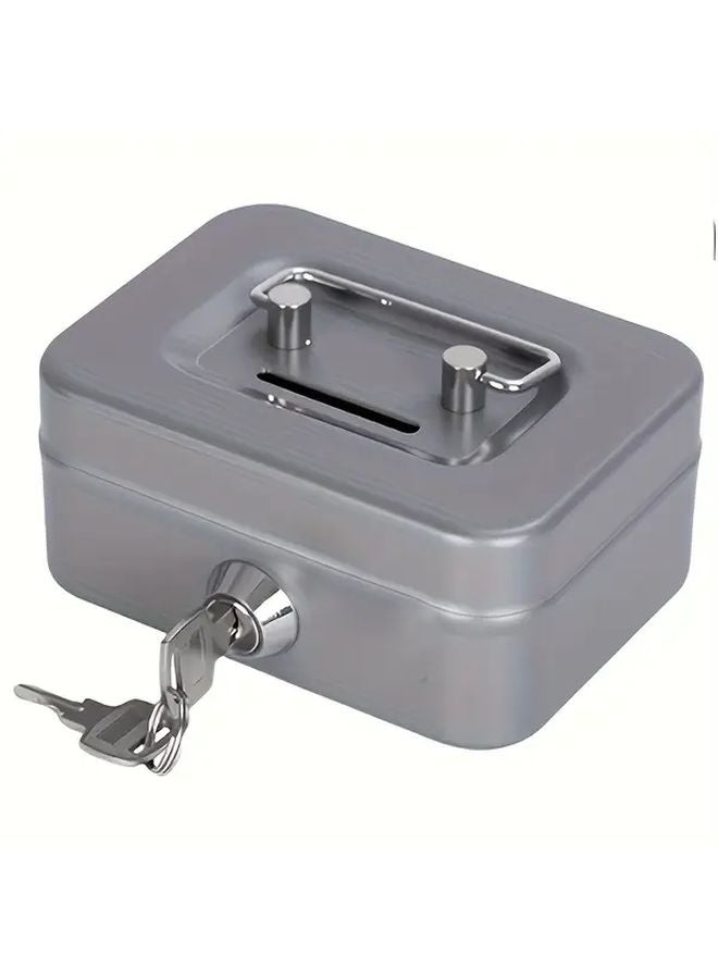 Silvery Small Compact Cash Box With Key Lock Heavy Duty Iron Mini Safe For Home Office - Image 5