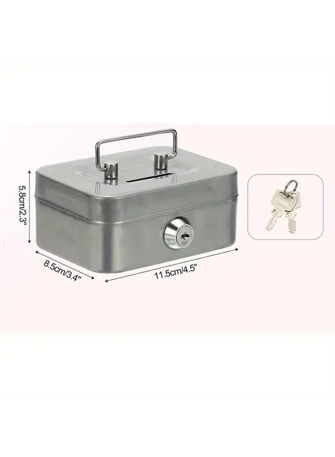 Silvery Small Compact Cash Box With Key Lock Heavy Duty Iron Mini Safe For Home Office - Image 4