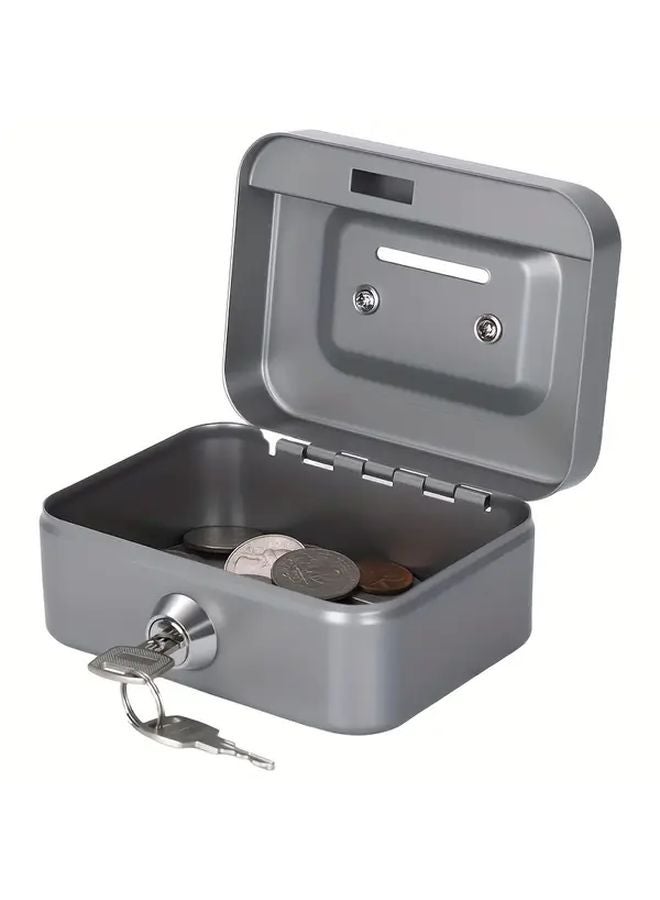 Silvery Small Compact Cash Box With Key Lock Heavy Duty Iron Mini Safe For Home Office - Image 3
