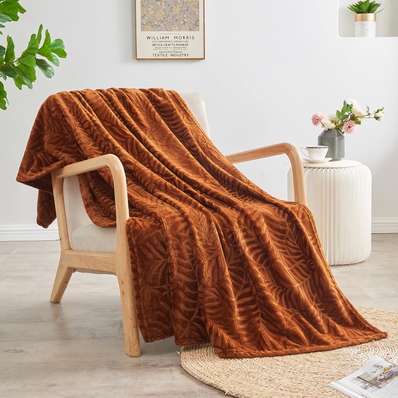 SOCHOW Super Soft Flannel Fleece Fall Throw Blanket, Lightweight Cozy Warm Leaves Textured Plush Blanket for Bed Couch Sofa, 50 x 60 Inches, Caramel - Image 2