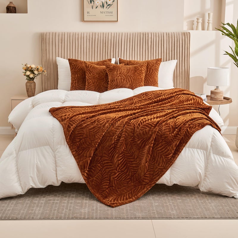 SOCHOW Super Soft Flannel Fleece Fall Throw Blanket, Lightweight Cozy Warm Leaves Textured Plush Blanket for Bed Couch Sofa, 50 x 60 Inches, Caramel - Image 5