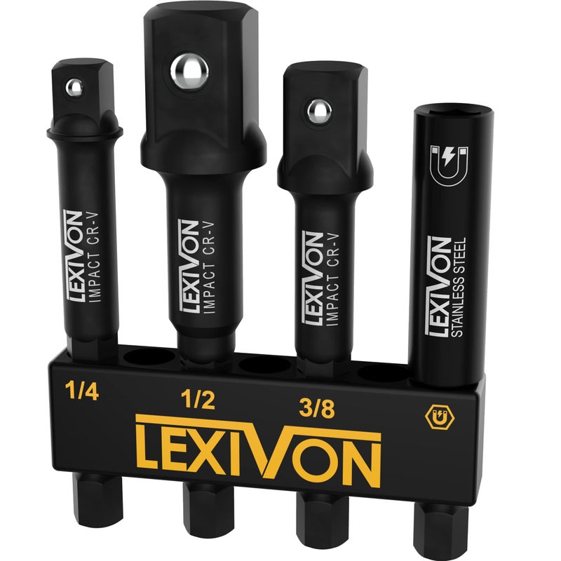 LEXIVON Impact Socket Adapter Magnetic Bit Holder Set 4 Pieces of 14Inch Hex Shank Extension to 14 38 and 12 Drive Includes Organizer Rack LX104