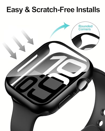 Smiling 2 Pack Case Compatible with Apple Watch Series 11 (2025)/Series 10 46mm with Tempered Glass Screen Protector, Hard PC Case Overall Protective Cover, 9H+ Hardness Scratch-Resistant - Black - Image 4