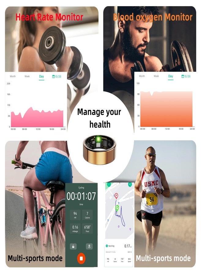 خاتم ذكي، جهاز تتبع الصحة، خواتم صحية للرجال والنساء، خاتم نوم مع علبة شحن وواقي للخاتم، جهاز تتبع لياقة بدنية مقاوم للماء بمعيار IP68، تصوير عن بعد، رعاية عائلية، بدون رسوم تطبيق (أسود، 10#) - Image 2