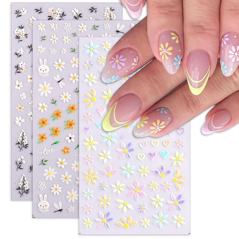 TailaiMei TailaiMei Flower Nail Art Stickers, 5D Embossed Colorful Spring Daisy Nail Decals, Self-Adhesive Design for DIY Decoration (3 Sheets)