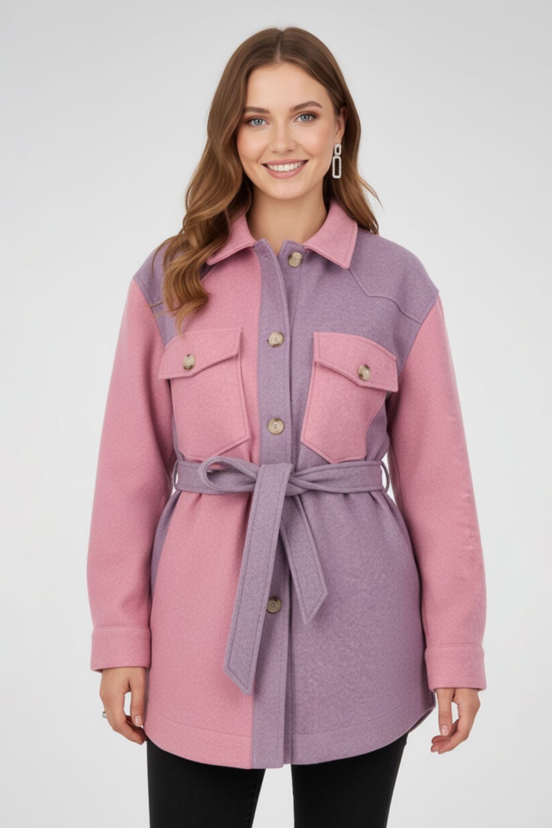 En Saison Women Two-Tone Belted Jacket Shirt, Multicolor - Image 4