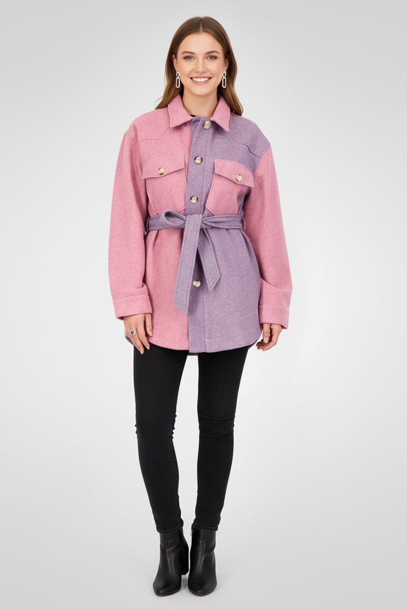 En Saison Women Two-Tone Belted Jacket Shirt, Multicolor - Image 1