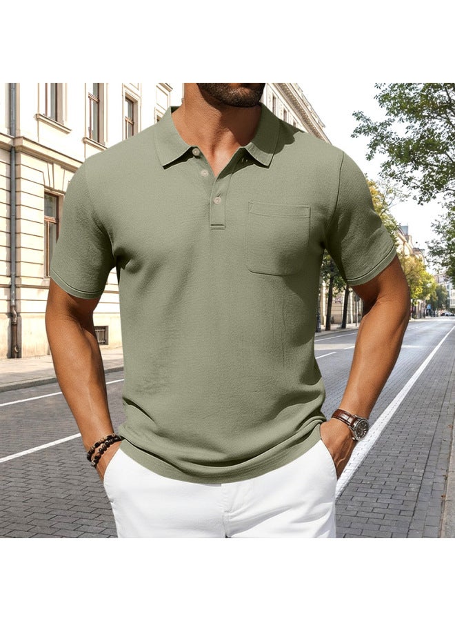 European And American Men's Spring And Summer Linen Short Sleeve Turn-down Collar Shirt Solid Color Breathable Large Size Casual T-shirt