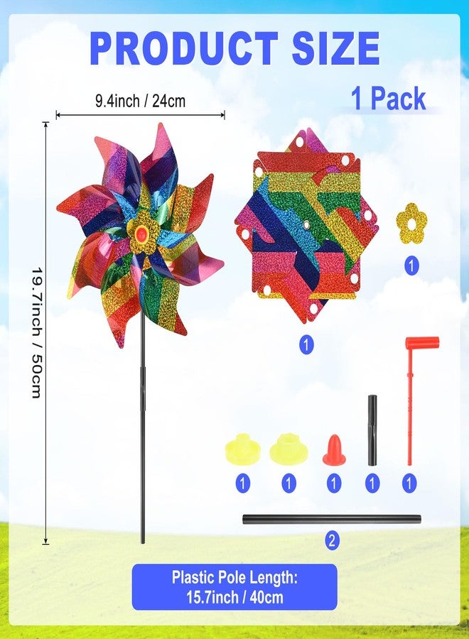 M METERXITY 1-Pack Flower Wind Spinner Sparkly Lawn Pinwheels, 20 Inch Plastic Reflective Pinwheels for Party Decorations/Yard/Garden, Colorful Rainbow Garden Windmill [Colorful] - Image 3