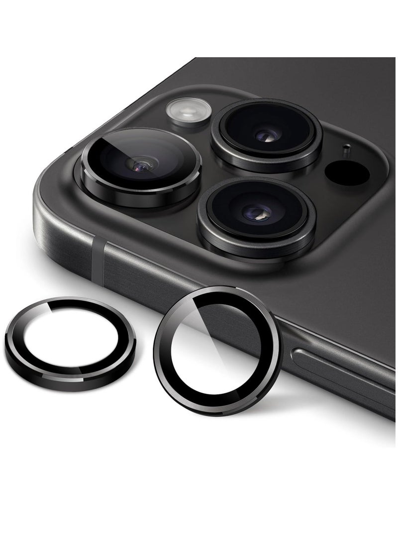 حامي عدسة الكاميرا لجهاز آيفون 15 برو 6.1 بوصة وآيفون 15 برو ماكس 6.7 بوصة، زجاج مقسى 9H غلاف حلقة معدنية فردية، شفاف عالي الدقة، 3 عبوات (أسود فضائي) - Image 1
