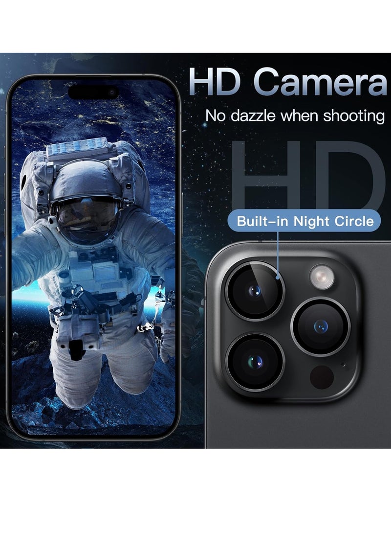 حامي عدسة الكاميرا لجهاز آيفون 15 برو 6.1 بوصة وآيفون 15 برو ماكس 6.7 بوصة، زجاج مقسى 9H غلاف حلقة معدنية فردية، شفاف عالي الدقة، 3 عبوات (أسود فضائي) - Image 4