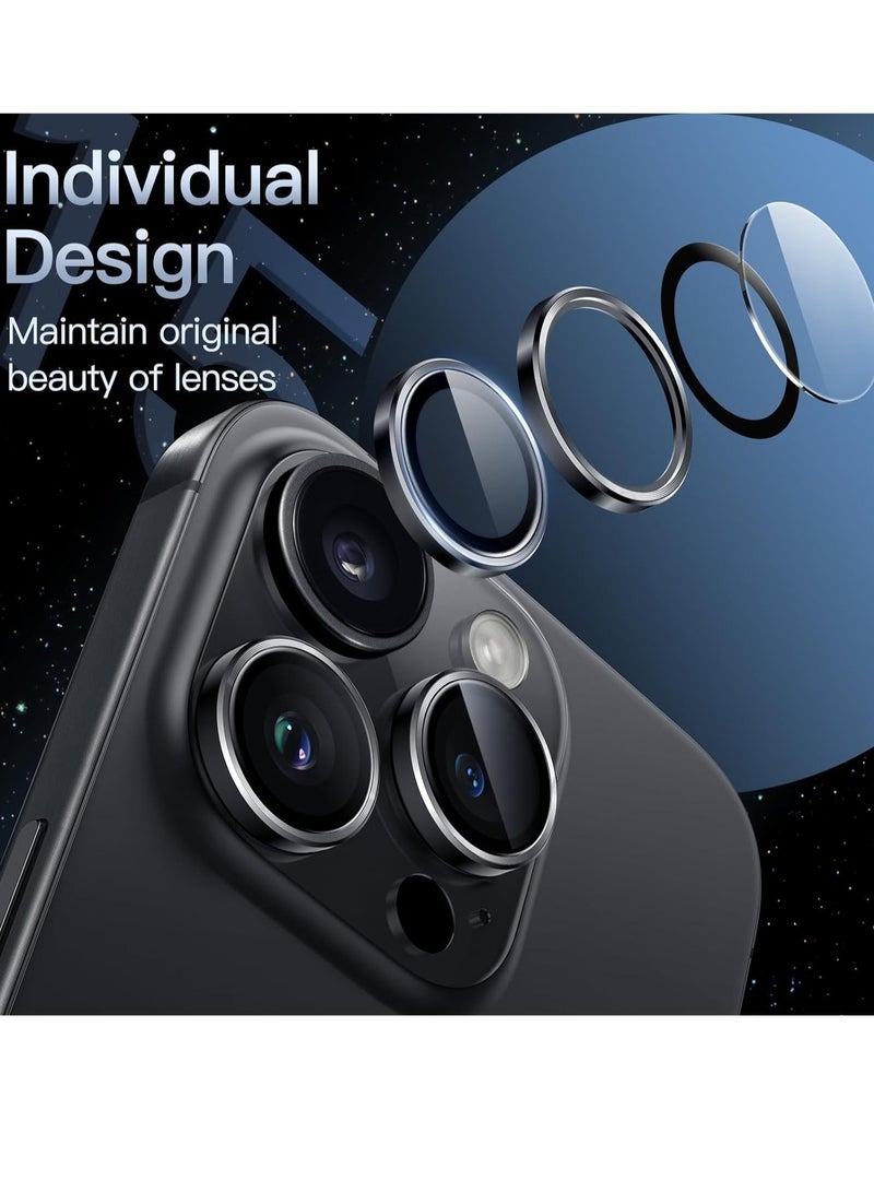 حامي عدسة الكاميرا لجهاز آيفون 15 برو 6.1 بوصة وآيفون 15 برو ماكس 6.7 بوصة، زجاج مقسى 9H غلاف حلقة معدنية فردية، شفاف عالي الدقة، 3 عبوات (أسود فضائي) - Image 2