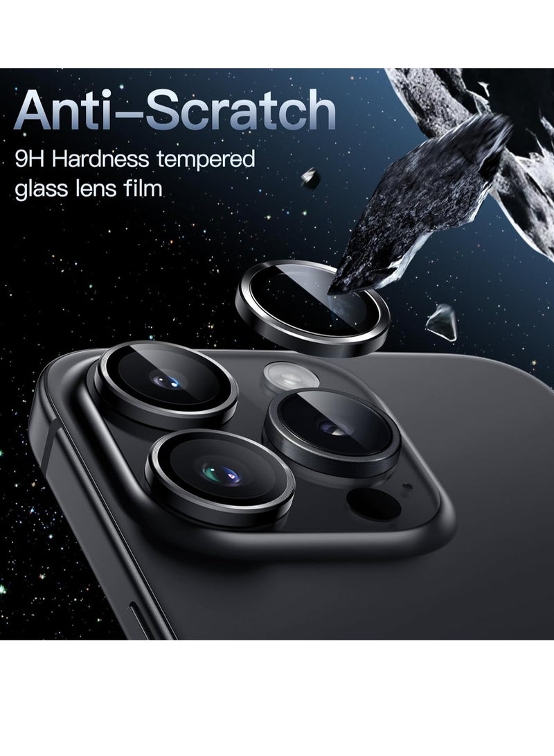 حامي عدسة الكاميرا لجهاز آيفون 15 برو 6.1 بوصة وآيفون 15 برو ماكس 6.7 بوصة، زجاج مقسى 9H غلاف حلقة معدنية فردية، شفاف عالي الدقة، 3 عبوات (أسود فضائي) - Image 3