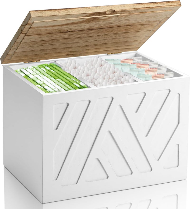 MROUEN Tampon Holder for Bathroom, Feminine Product Organizer, Pad Organize Case with Lid, Shark Week Wooden Tampon Storage Decor, Lady Girl Stuff Box for Toilet Bathroom Accessories- White - Image 1