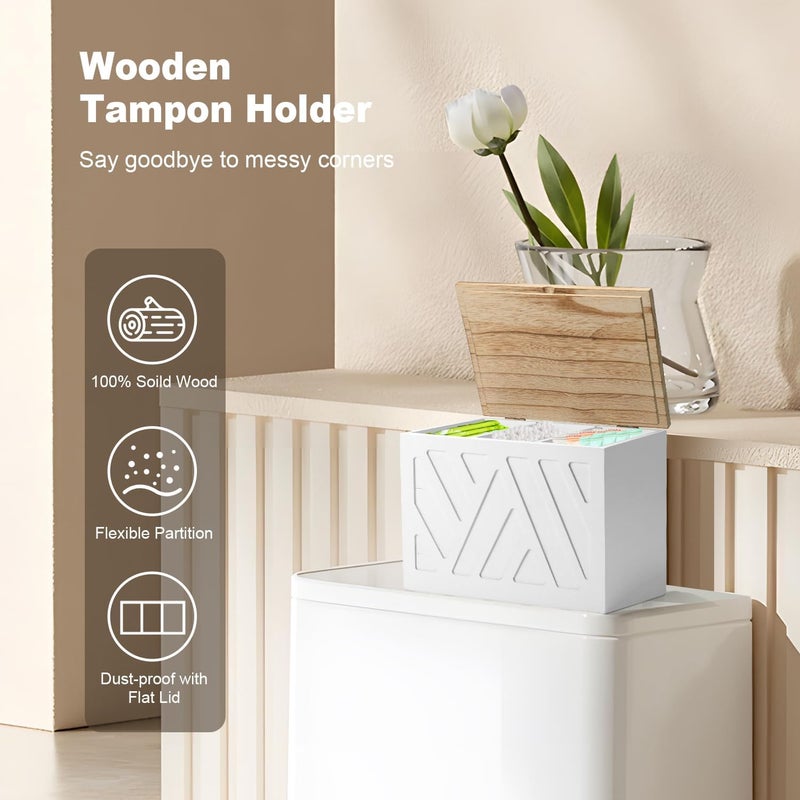 MROUEN Tampon Holder for Bathroom, Feminine Product Organizer, Pad Organize Case with Lid, Shark Week Wooden Tampon Storage Decor, Lady Girl Stuff Box for Toilet Bathroom Accessories- White - Image 2