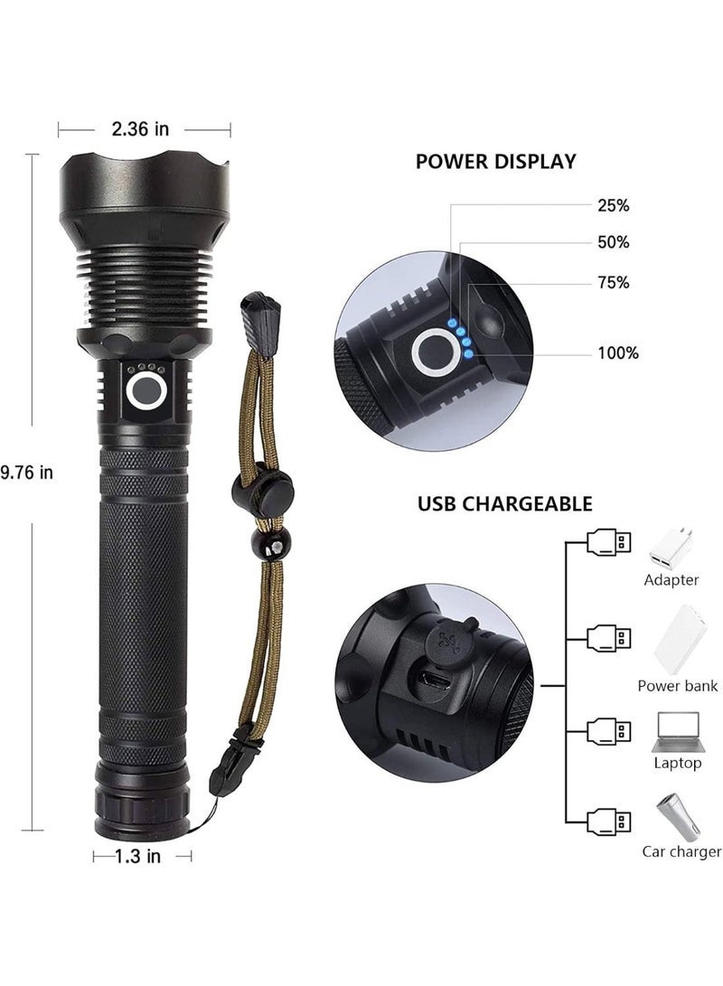 Rechargeable LED Flashlights High Lumens, 90000 Lumens Super Bright Zoomable Waterproof Flashlight with Batteries Included & 3 Modes, Powerful Handheld for Camping Emergencies Black P70 - Image 2
