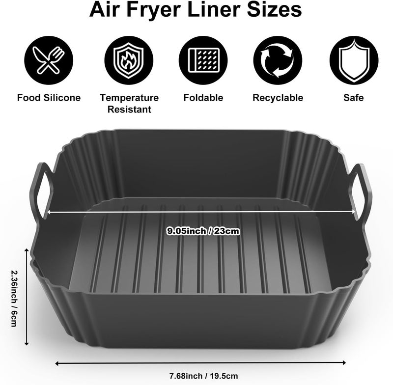 PINTAUR 9-Inch Square Silicone Liners for Large Air Fryer 2Pack, 6 to 8.5QT Silicone Pot Baking Accessories for Chefman COSORI Ninja Instant Pot Vortex XL Cuisinart, Reusable Air Fryer Tray Insert - Image 2