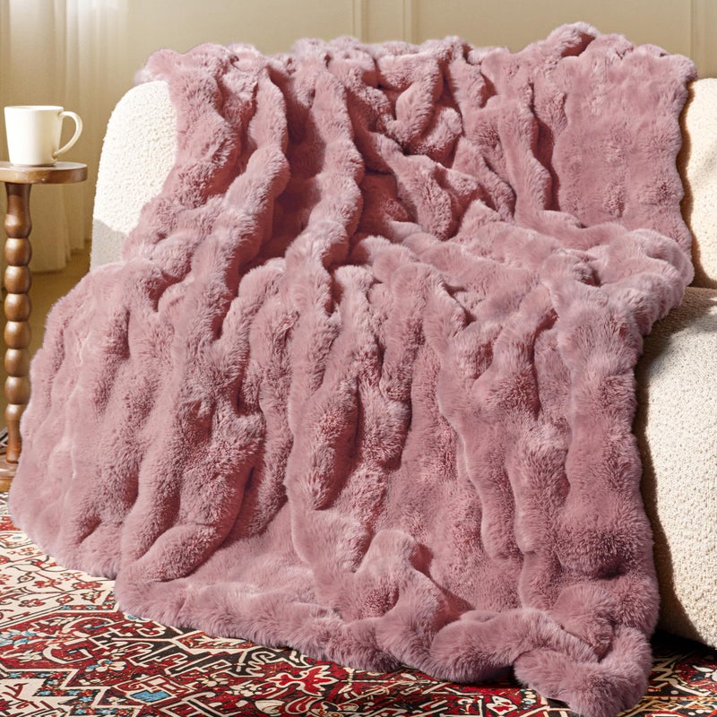 blunique Ultra Soft Cozy Faux Fur Throw Blanket, Fuzzy Plush Thick Bubble Blanket, Oversize Luxury Fluffy Blanket for Couch, Sofa, Bedroom, and Living Room,50x60 Inches,Pink - Image 1
