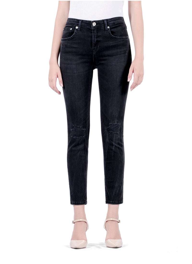 ويب دنيم بنطال جينز نسائي ضيق متوسط ​​الارتفاع من Web Denim - بنطال دينم قابل للتمدد وممزق حتى الركبة  - Image 2