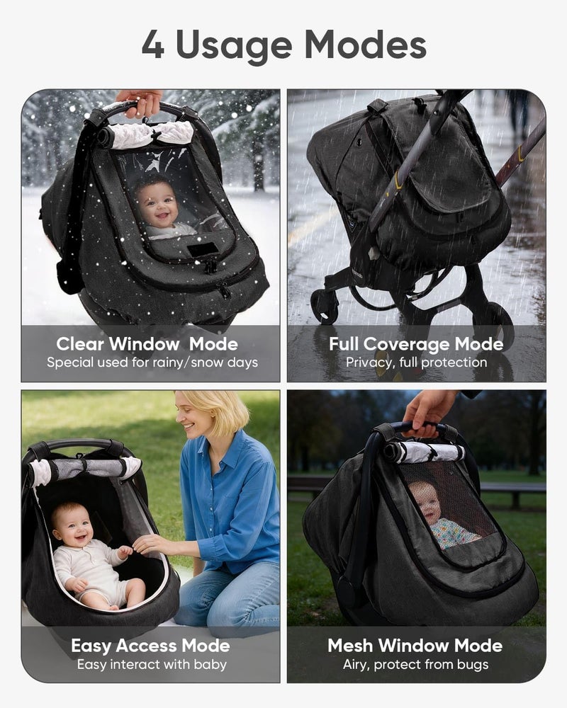 TinlyFinly Waterproof Car Seat Cover for Baby, 2-Layer Car Seat Rain Cover with Clear Window & Sunshade & Mesh Cover, Universal Infant Carseat Canopy for Stroller, Protect from Rain and Snow - Black - Image 3