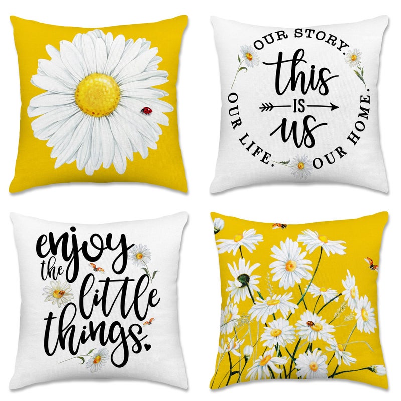 Hexagram Spring Summer Pillow Covers 18x18 Inch Set of 4, Farmhouse Spring Summer Decor Daisy Floral Yellow Pillow Covers for Couch Sofa Indoor Outdoor Yellow Sunflower Summer Decorations - Image 1