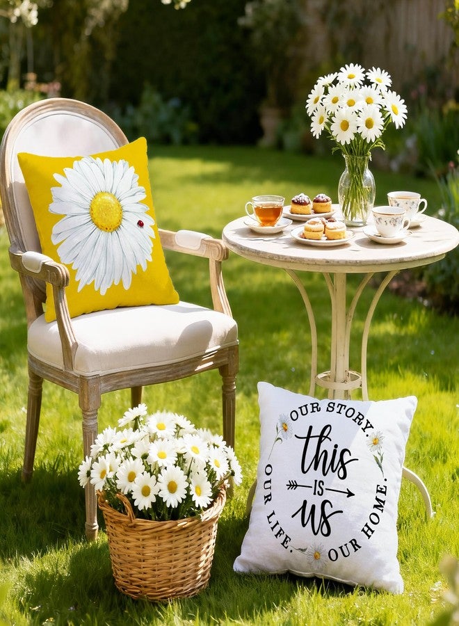 Hexagram Spring Summer Pillow Covers 18x18 Inch Set of 4, Farmhouse Spring Summer Decor Daisy Floral Yellow Pillow Covers for Couch Sofa Indoor Outdoor Yellow Sunflower Summer Decorations - Image 5