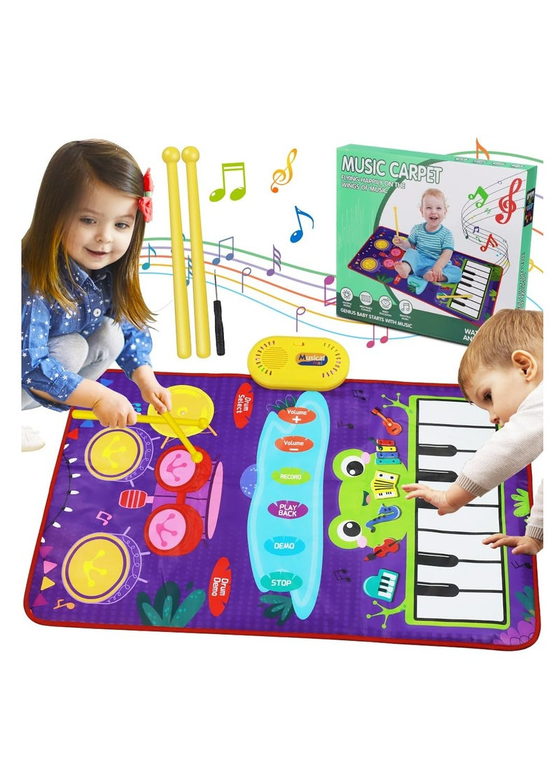 Generic Piano Activity Gym Play Mat,Musical Mat for Boys Girls Gift, Baby Toys 2-in-1 Toddler Musical Toys Piano Keyboard Drum Mat with 2 Sticks, Early Education Learning Floor Blanket for 1 2 3 4 5 Year Old Kids Birthday Present  - Image 1