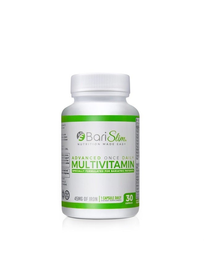 Bari Slim كبسولة متعددة الفيتامينات المتقدمة مرة واحدة يوميًا لجراحة السمنة - 45 ملغ من الحديد - فيتامين للسمنة بعد جراحة السمنة بما في ذلك تحويل مسار المعدة وكمّ المعدة - سهل الهضم | 30 حصة - Image 1