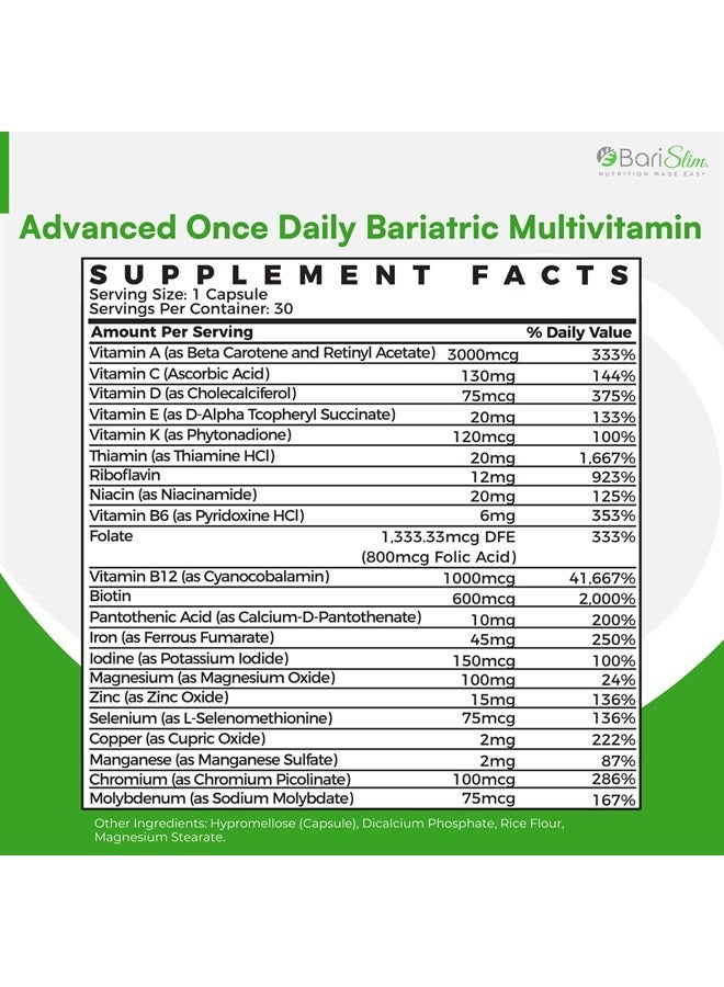 Bari Slim كبسولة متعددة الفيتامينات المتقدمة مرة واحدة يوميًا لجراحة السمنة - 45 ملغ من الحديد - فيتامين للسمنة بعد جراحة السمنة بما في ذلك تحويل مسار المعدة وكمّ المعدة - سهل الهضم | 30 حصة - Image 2