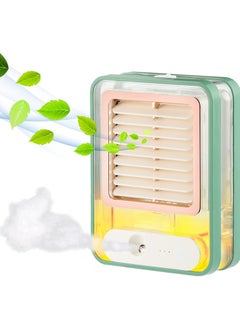 Mini fan with mist sprayer, LED night light and breeze, touch screen, 3 speed levels, USB rechargeable, quiet and portable cooling fan for office, table and camping - green